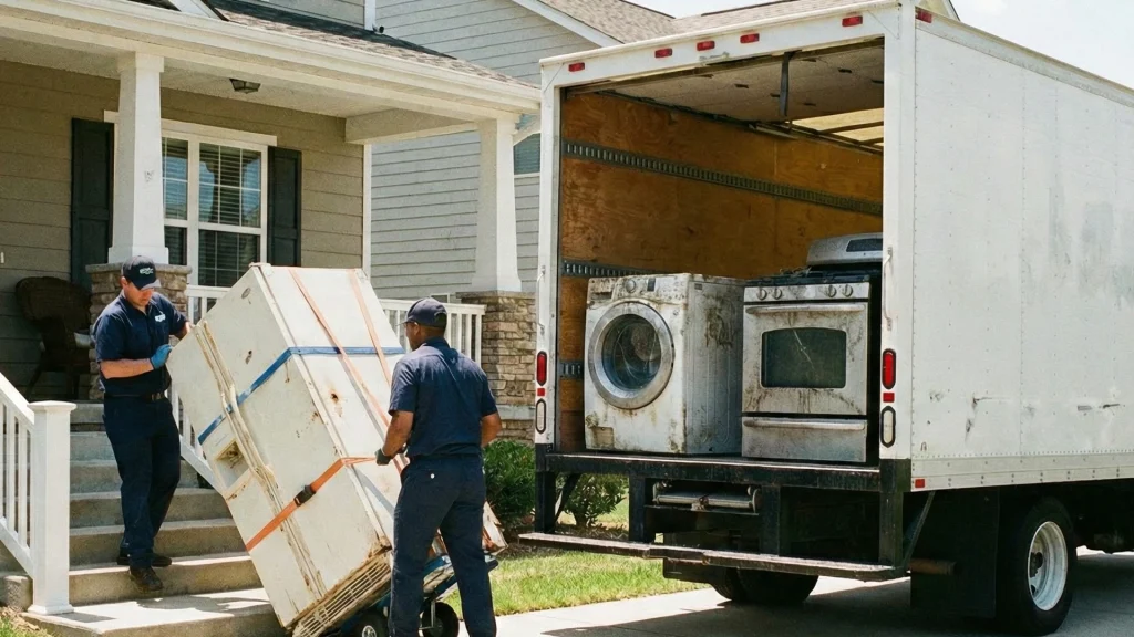 Two members of malibu junk removal removing an appliance