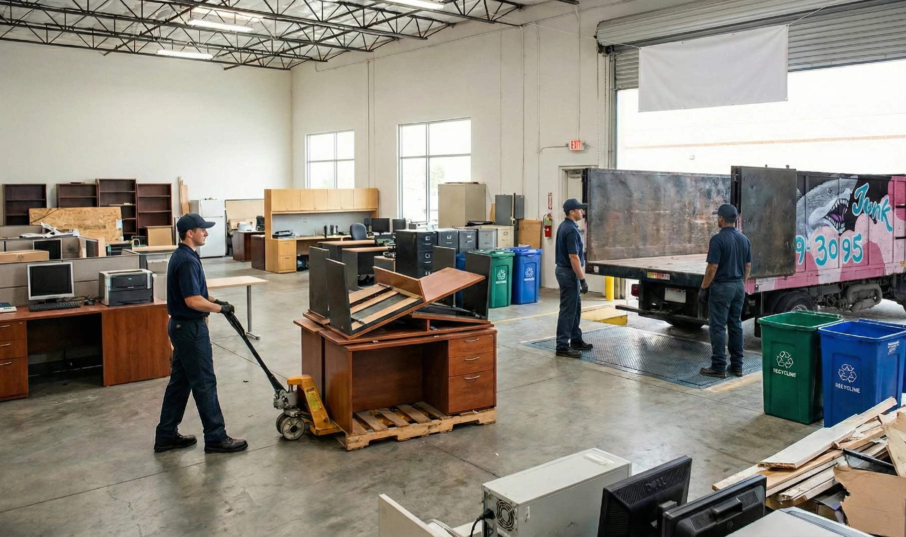 The malibu junk removal team removing some items from a commercial warehouse