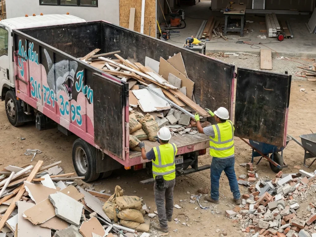 A licensed junk removal crew loading household items onto a truck in a Woodland Hills Los Angeles residential neighborhood representing Malibu Junk Removal's eco-friendly RCRA compliant disposal services